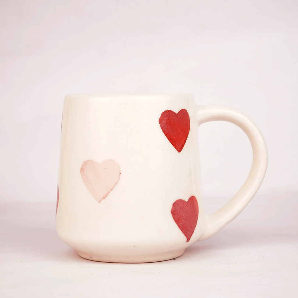 White Ceramic Heart Print Mug – Cute Hand-Painted Love Design Coffee & Tea Cup