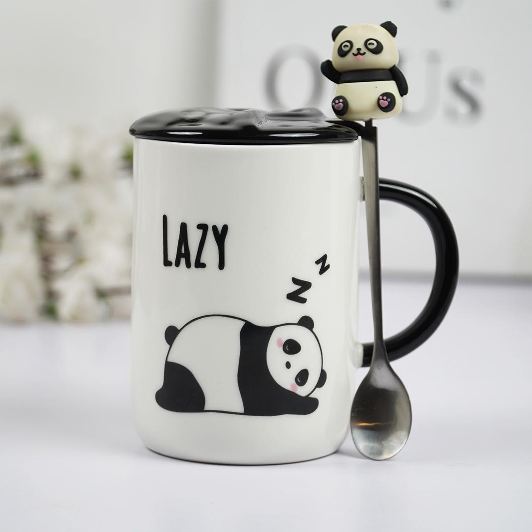 Lazy Panda Ceramic Coffee Mug with Lid & Spoon | Cute Panda Design | Tea & Coffee Mug for Home & Office | Gift Mug