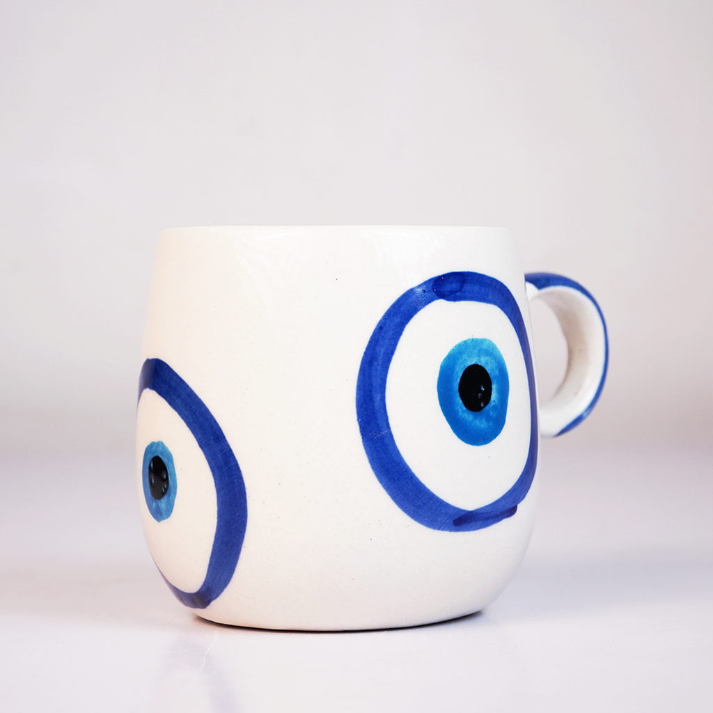 Ceramic Coffee Mug with Blue Evil Eye Design