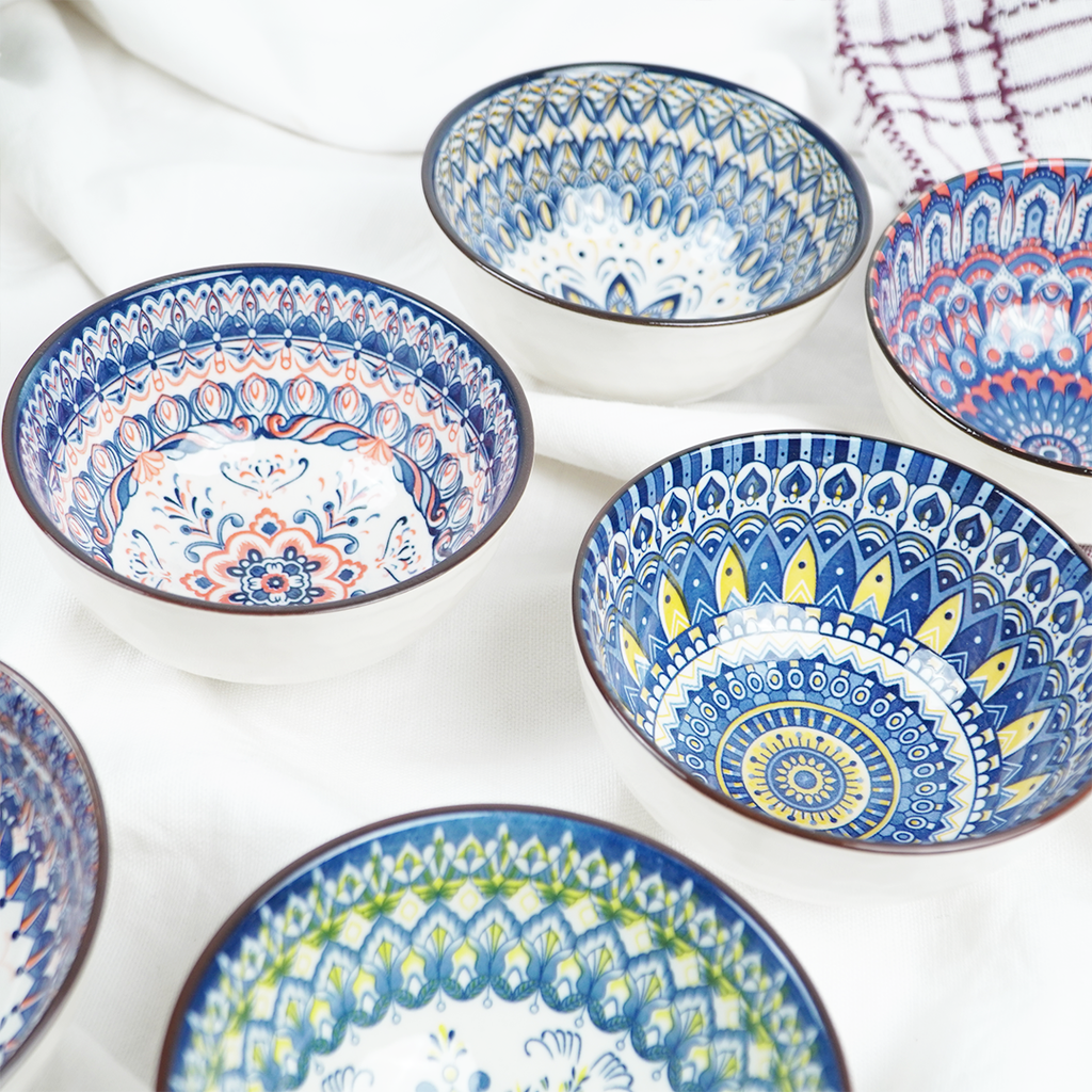 Handcrafted Ceramic Serving Bowl Set | Blue & Multicolor Printed Snack, Dip & Dessert Bowls for Kitchen & Dining