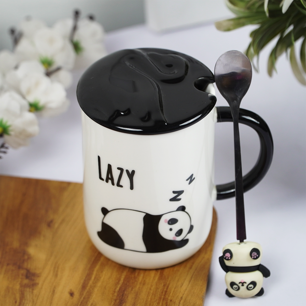 Lazy Panda Ceramic Coffee Mug with Lid & Spoon | Cute Panda Design | Tea & Coffee Mug for Home & Office | Gift Mug