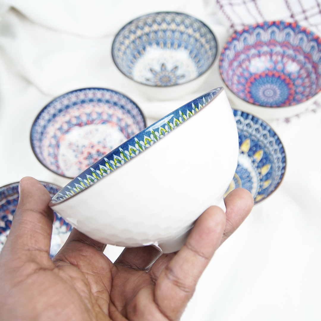 Handcrafted Ceramic Serving Bowl Set | Blue & Multicolor Printed Snack, Dip & Dessert Bowls for Kitchen & Dining