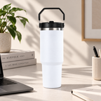 Modern Vacuum Insulated Travel WHITE COLOR Tumbler with Carry Handle  Short & Catchy