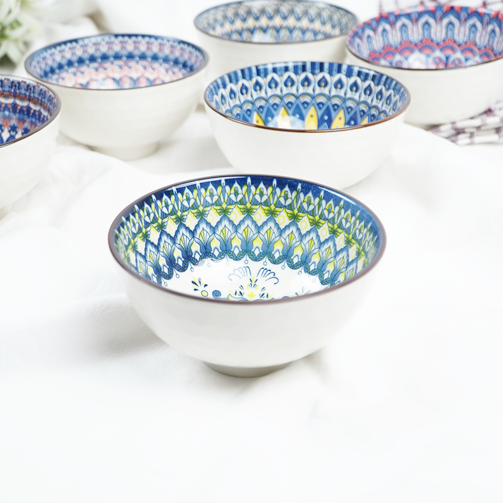 Handcrafted Ceramic Serving Bowl Set | Blue & Multicolor Printed Snack, Dip & Dessert Bowls for Kitchen & Dining