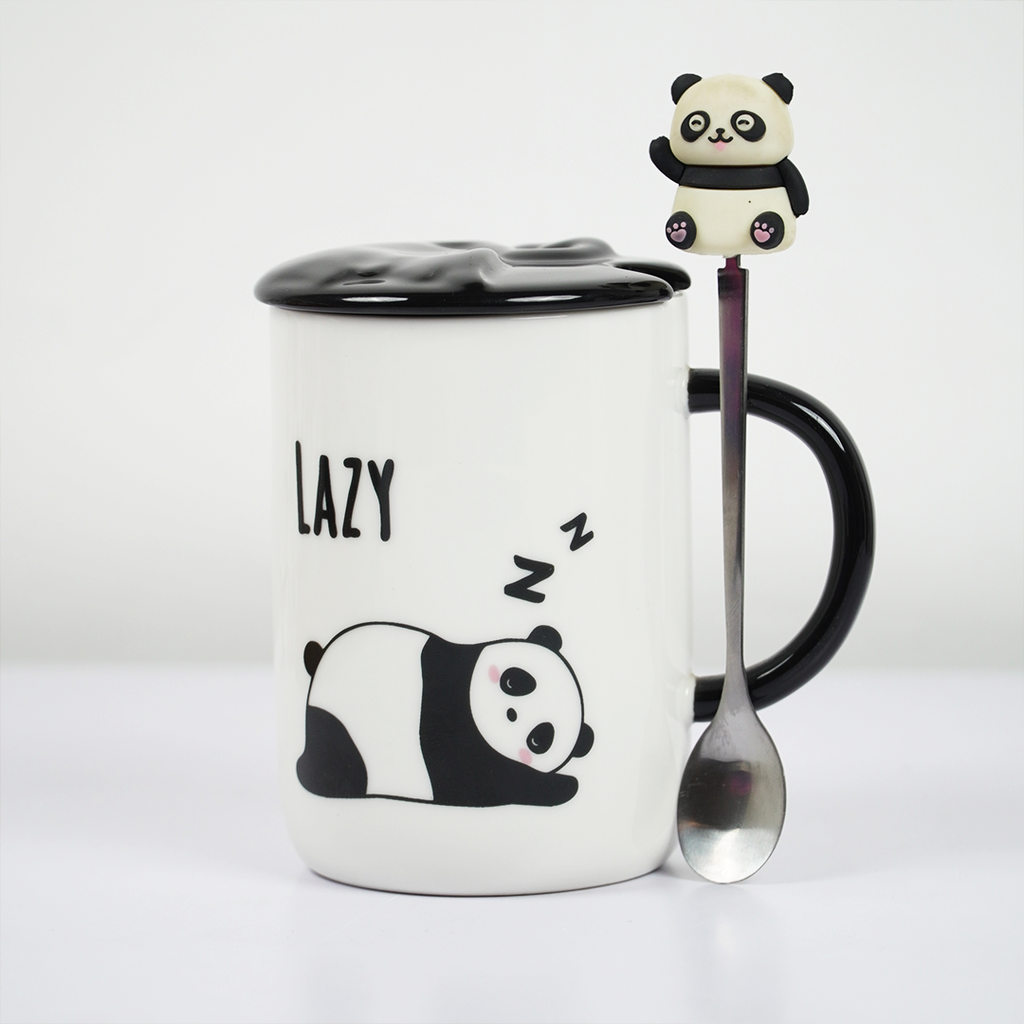 Lazy Panda Ceramic Coffee Mug with Lid & Spoon | Cute Panda Design | Tea & Coffee Mug for Home & Office | Gift Mug