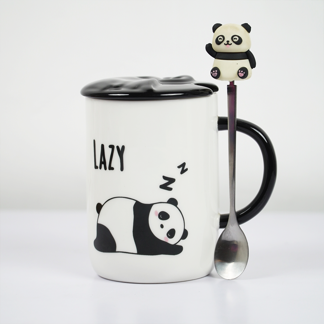 Lazy Panda Ceramic Coffee Mug with Lid & Spoon | Cute Panda Design | Tea & Coffee Mug for Home & Office | Gift Mug