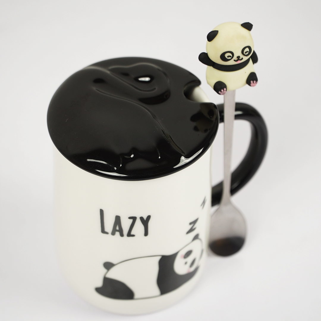 Lazy Panda Ceramic Coffee Mug with Lid & Spoon | Cute Panda Design | Tea & Coffee Mug for Home & Office | Gift Mug
