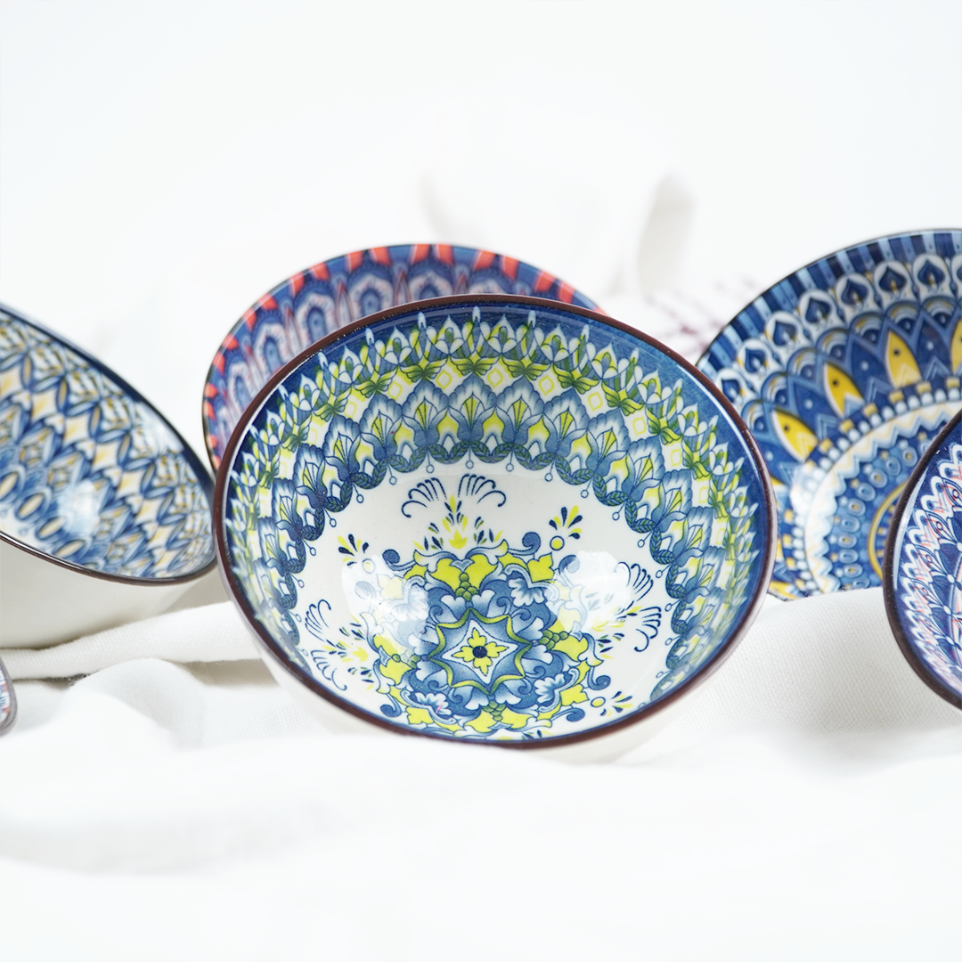 Handcrafted Ceramic Serving Bowl Set | Blue & Multicolor Printed Snack, Dip & Dessert Bowls for Kitchen & Dining