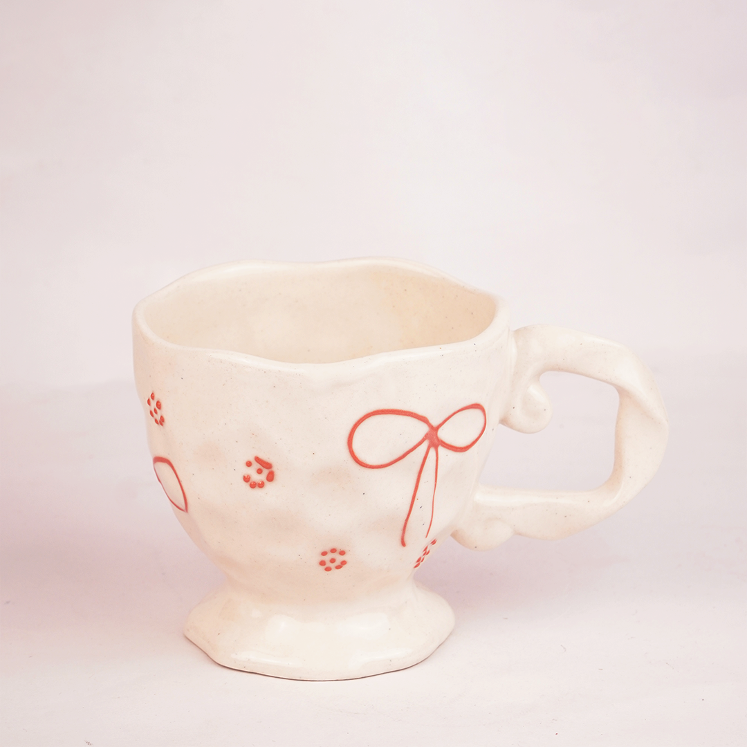 White Ceramic Bow Mug with Red Floral Details – Cute Aesthetic Coffee Cup for Tea & Coffee