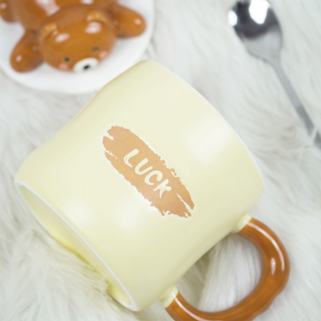 Cute Bear Ceramic Coffee Mug with Lid & Spoon | “Luck” Printed Mug | Aesthetic Tea & Coffee Cup for Home & Office | Gift Mug