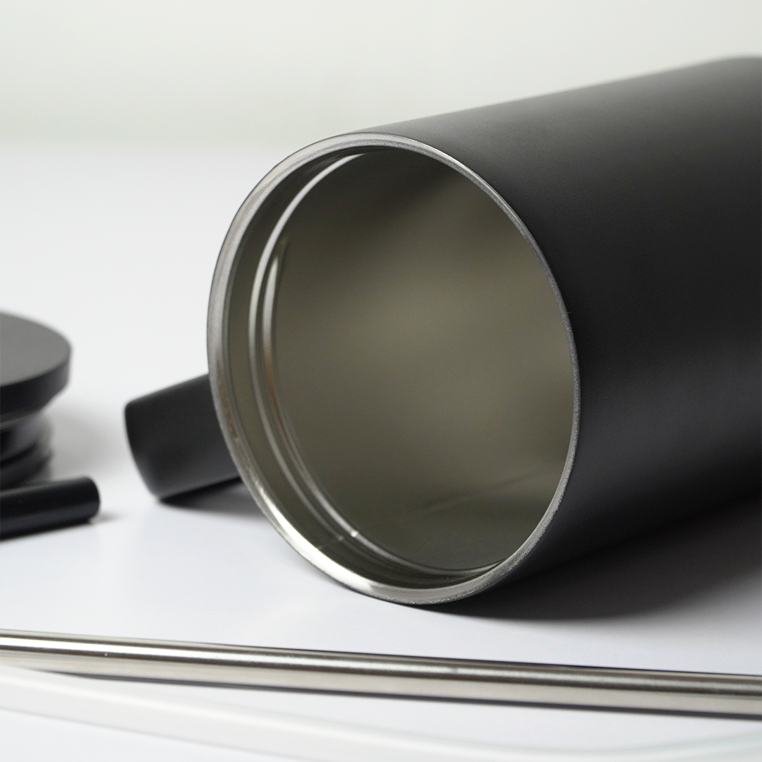 Matte Black Insulated Travel Mug with Handle & Straw