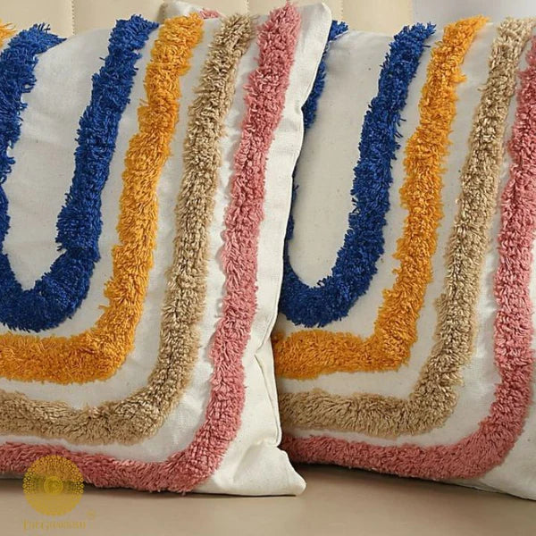 Boho Rainbow Tufted Cushion Cover Set – Multicolor U-Shape Textured Decorative Throw Pillows Cover Set for Sofa, Living Room & Bedroom (Pack of 2)