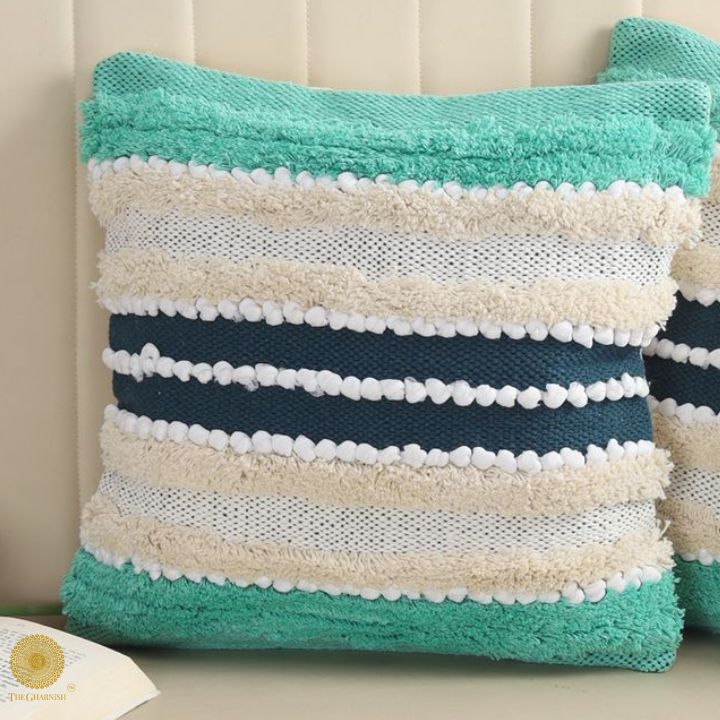 Teal, White & Navy Boho Textured Cushion Cover Set – Striped Tufted Decorative Throw Pillows Cover Set for Sofa, Living Room & Bedroom (Pack of 2)