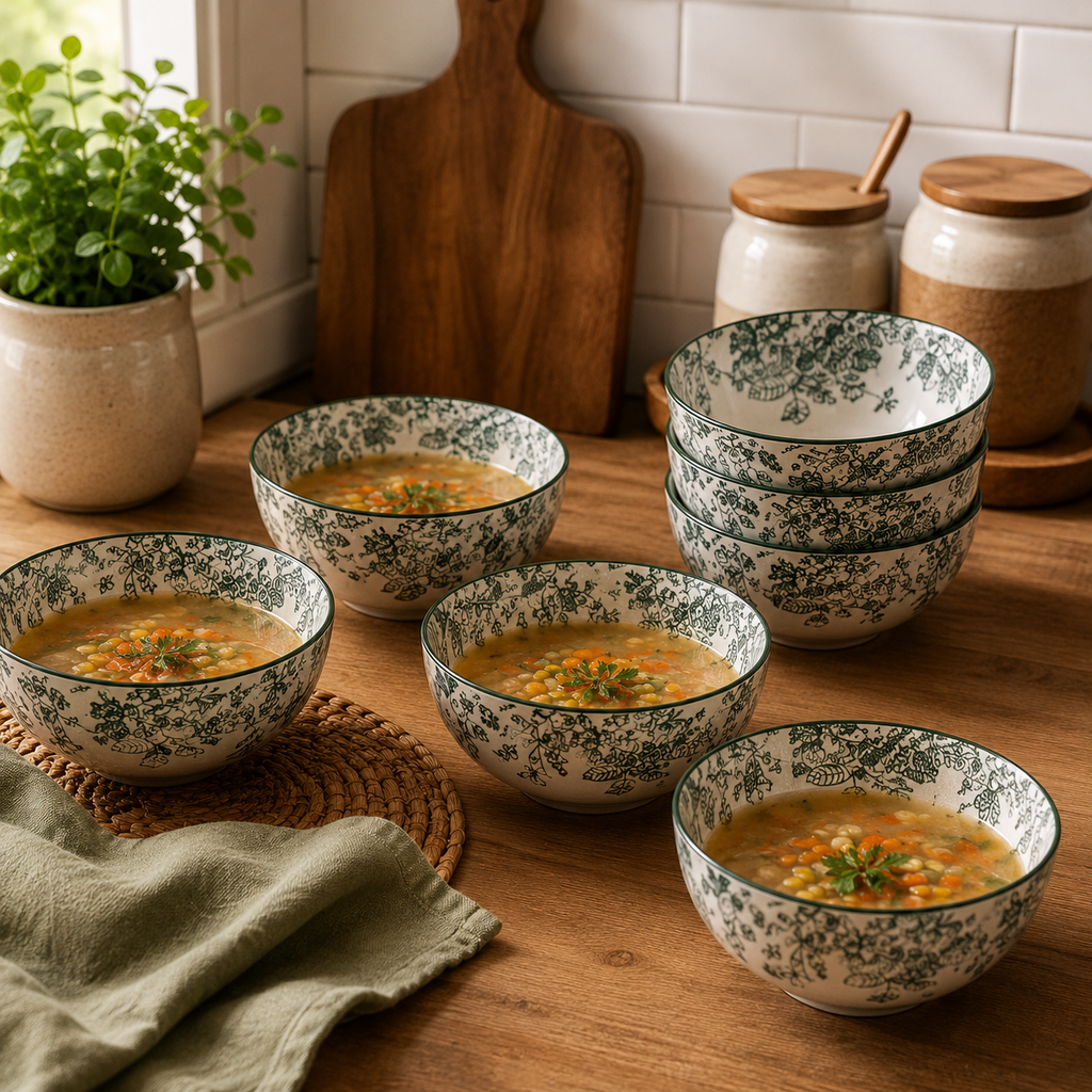 Boutique Ceramic Soup Bowl Set – Elegant Green Floral Bowls for Everyday Dining