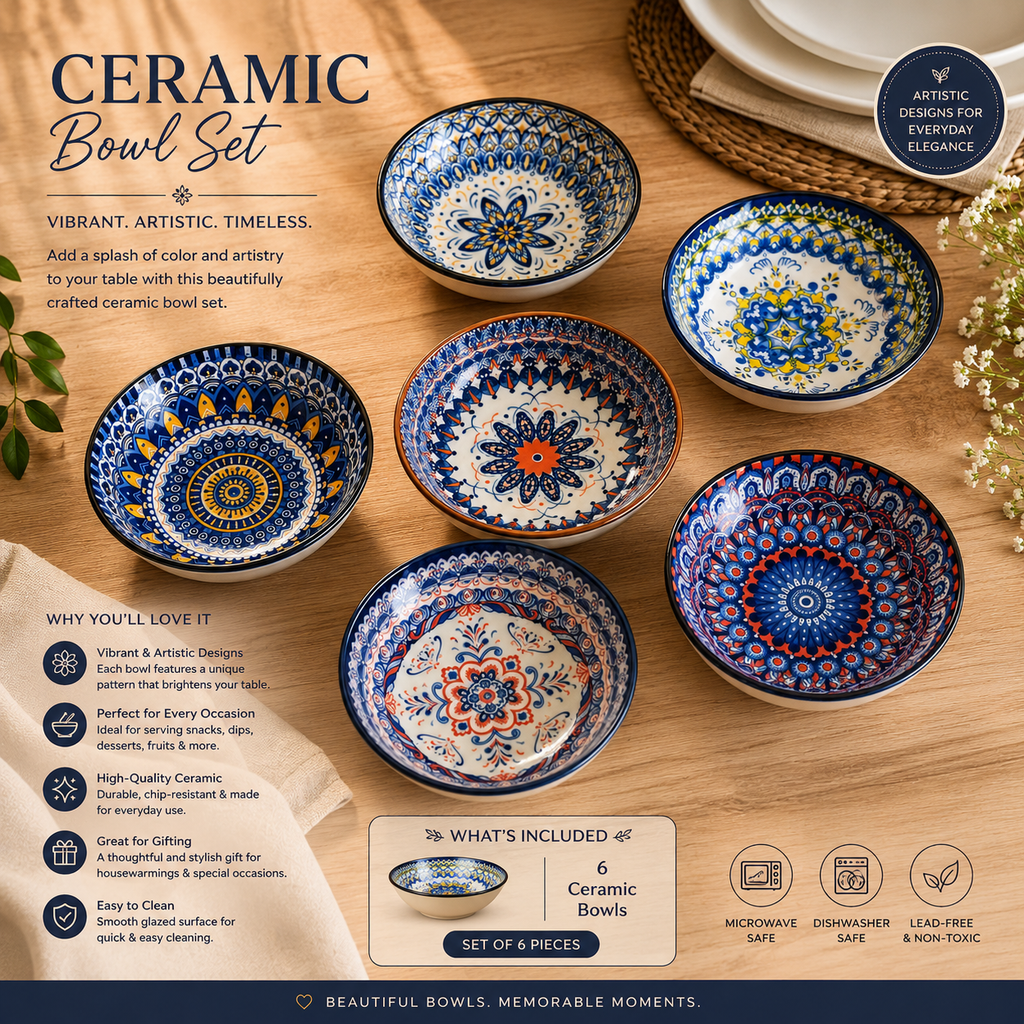Ceramic Bowl Set – Hand-Painted Blue & White Decorative Bowls