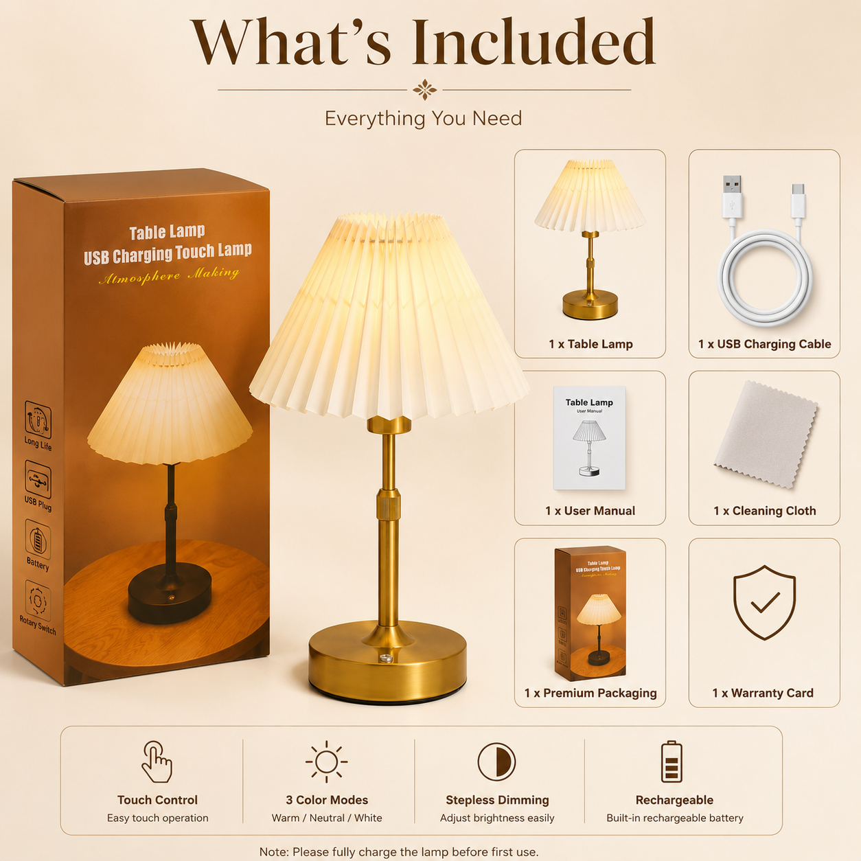 Modern Gold Table Lamp with Pleated Shade – Elegant Bedside