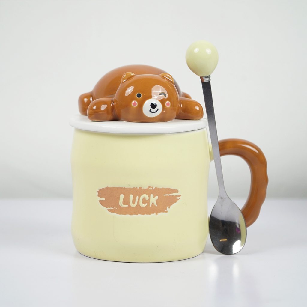 Cute Bear Ceramic Coffee Mug with Lid & Spoon | “Luck” Printed Mug | Aesthetic Tea & Coffee Cup for Home & Office | Gift Mug