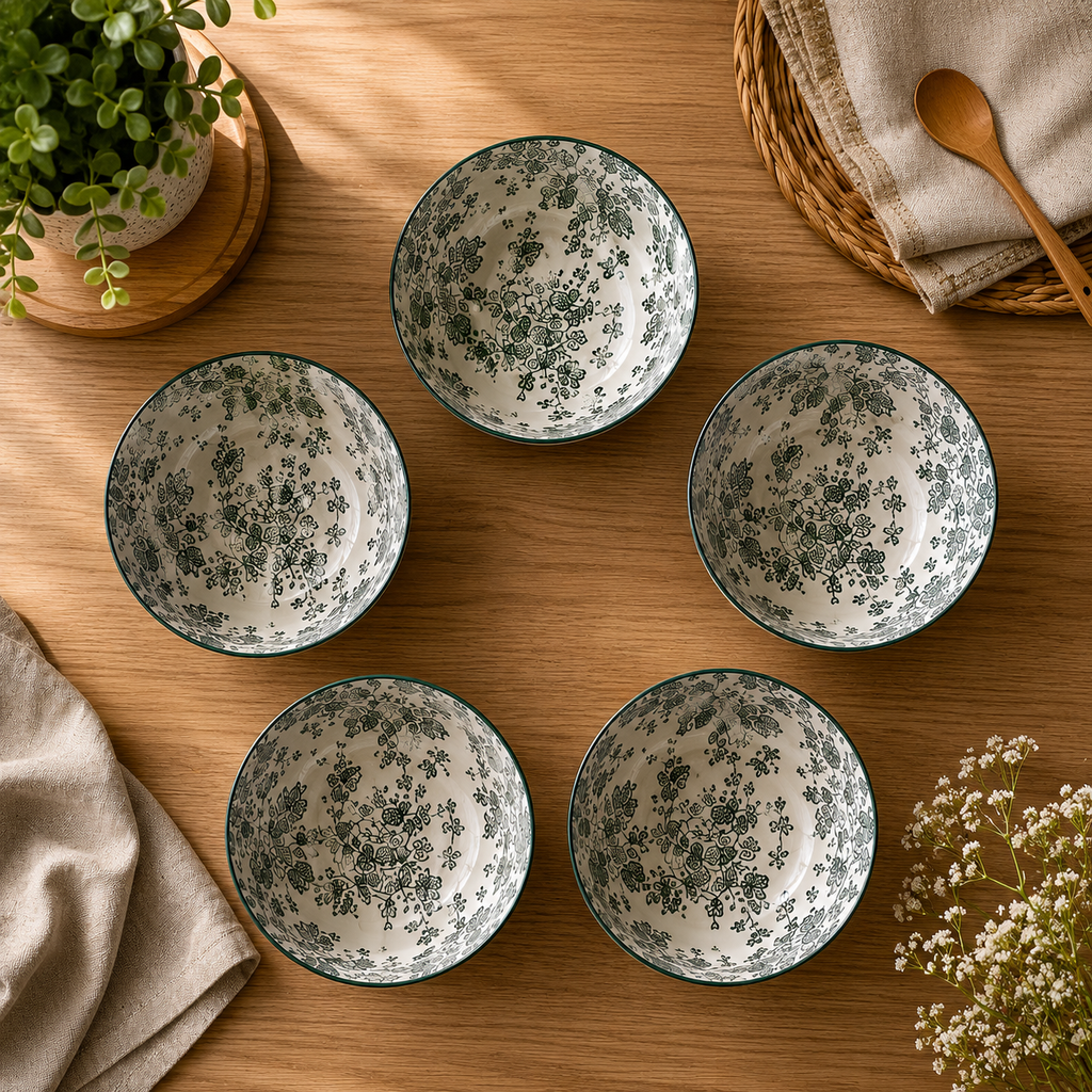 Boutique Ceramic Soup Bowl Set – Elegant Green Floral Bowls for Everyday Dining