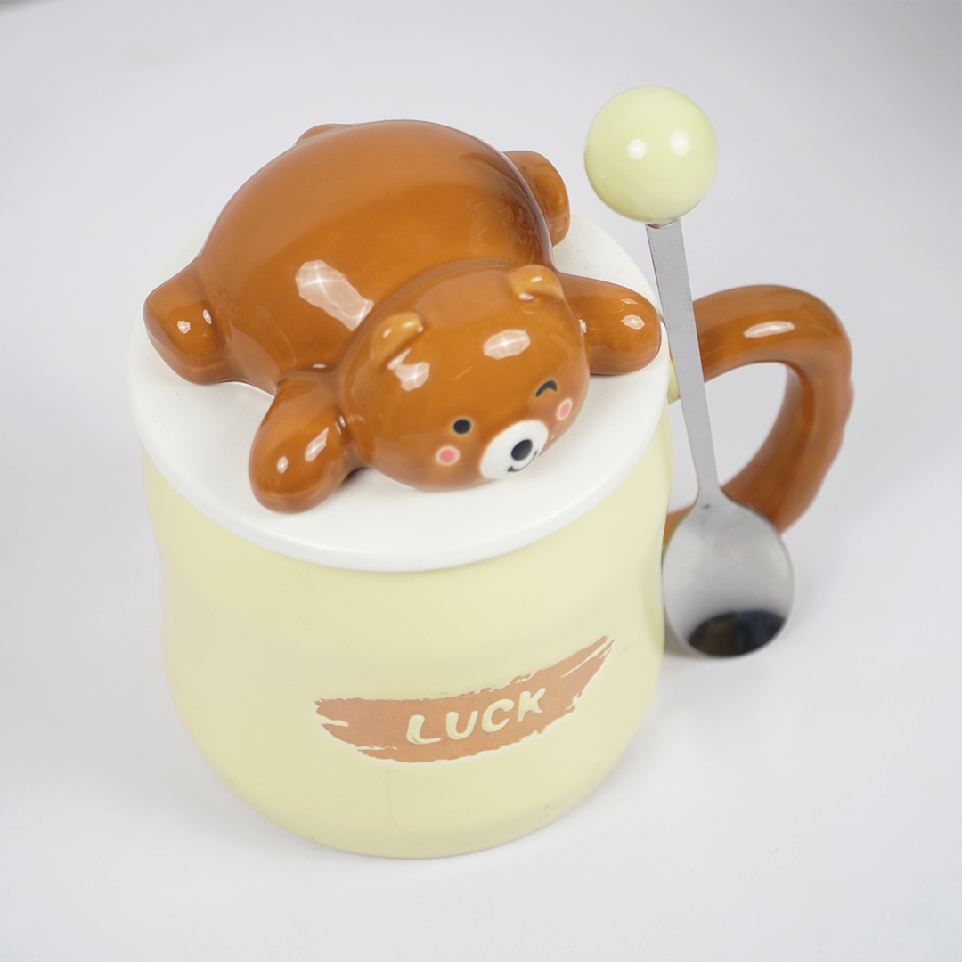 Cute Bear Ceramic Coffee Mug with Lid & Spoon | “Luck” Printed Mug | Aesthetic Tea & Coffee Cup for Home & Office | Gift Mug