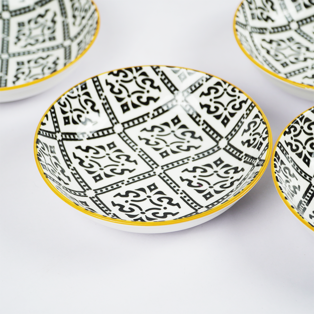 Elegant Black & White Patterned Ceramic Bowl Set with Golden Rim – Premium Serving & Dining Bowls (Set of 4)