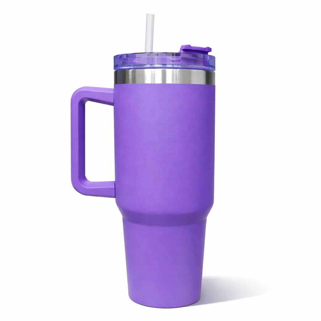 Premium Purple Stainless Steel Tumbler with Handle & Straw