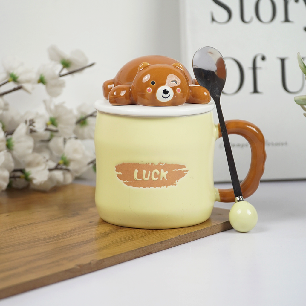 Cute Bear Ceramic Coffee Mug with Lid & Spoon | “Luck” Printed Mug | Aesthetic Tea & Coffee Cup for Home & Office | Gift Mug