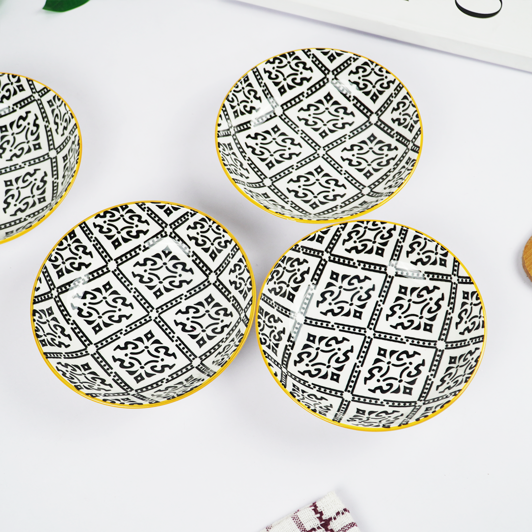 Elegant Black & White Patterned Ceramic Bowl Set with Golden Rim – Premium Serving & Dining Bowls (Set of 4)
