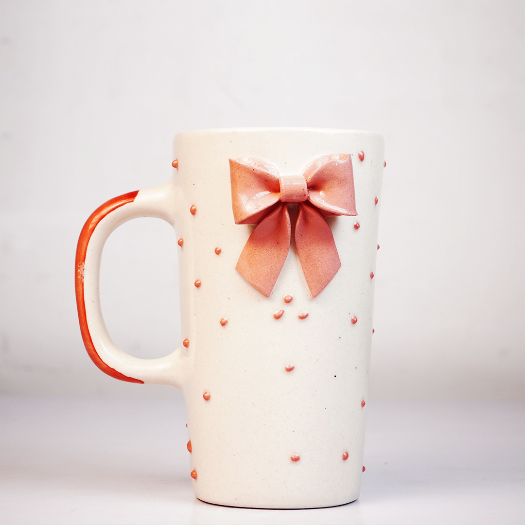 Ceramic Coffee Mug with 3D Bow Design & Pearl Dot Detailing