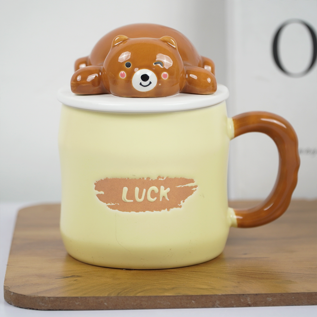 Cute Bear Ceramic Coffee Mug with Lid & Spoon | “Luck” Printed Mug | Aesthetic Tea & Coffee Cup for Home & Office | Gift Mug