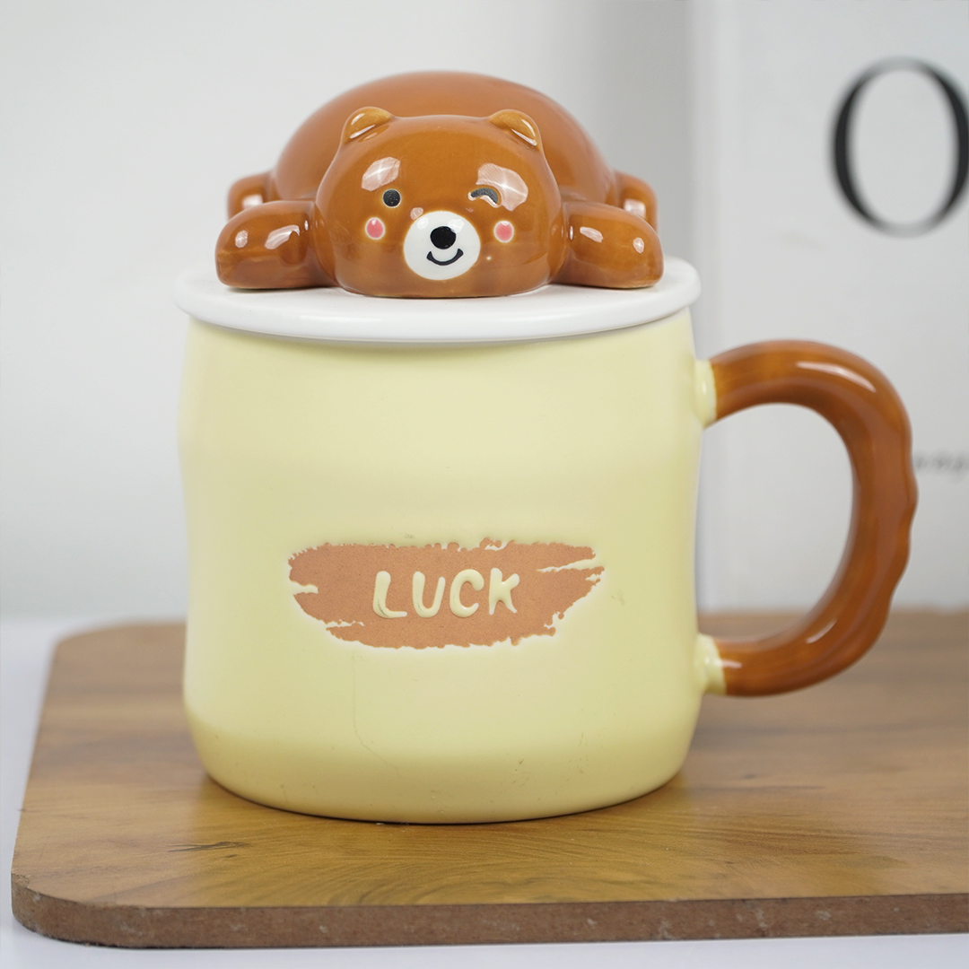 Cute Bear Ceramic Coffee Mug with Lid & Spoon | “Luck” Printed Mug | Aesthetic Tea & Coffee Cup for Home & Office | Gift Mug