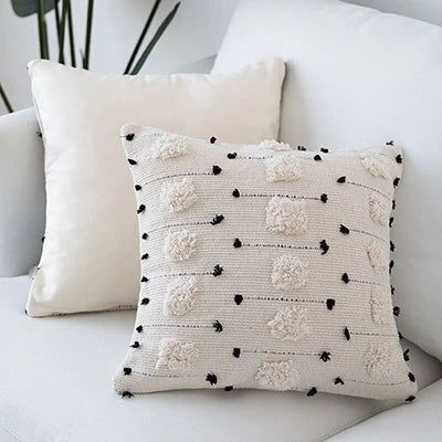 Boho Cream & Black Tufted Cushion Cover Set – Textured Decorative Throw Pillows Cover Set with Tassels for Sofa, Living Room & Bedroom (Pack of 2)