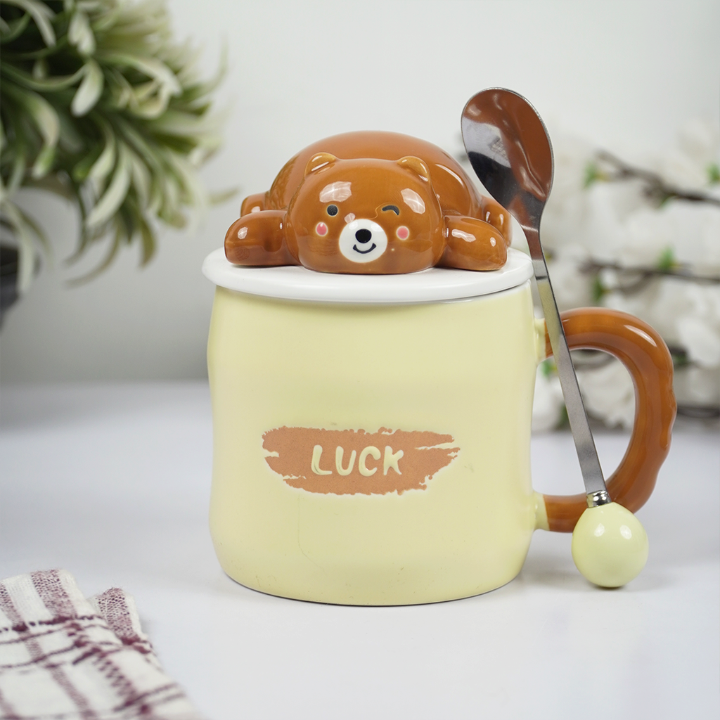 Cute Bear Ceramic Coffee Mug with Lid & Spoon | “Luck” Printed Mug | Aesthetic Tea & Coffee Cup for Home & Office | Gift Mug
