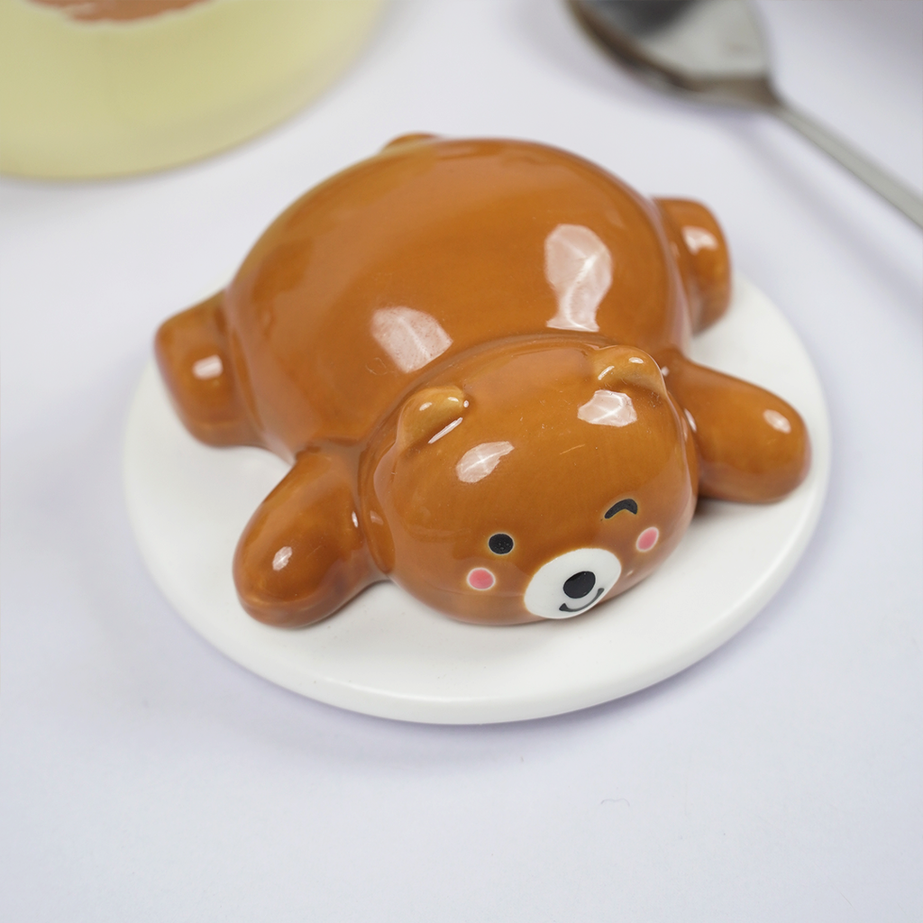 Cute Bear Ceramic Coffee Mug with Lid & Spoon | “Luck” Printed Mug | Aesthetic Tea & Coffee Cup for Home & Office | Gift Mug