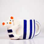 Coffee Mug with 3D Bear Design & Blue Stripe Pattern, Adorable Animal Tea Cup