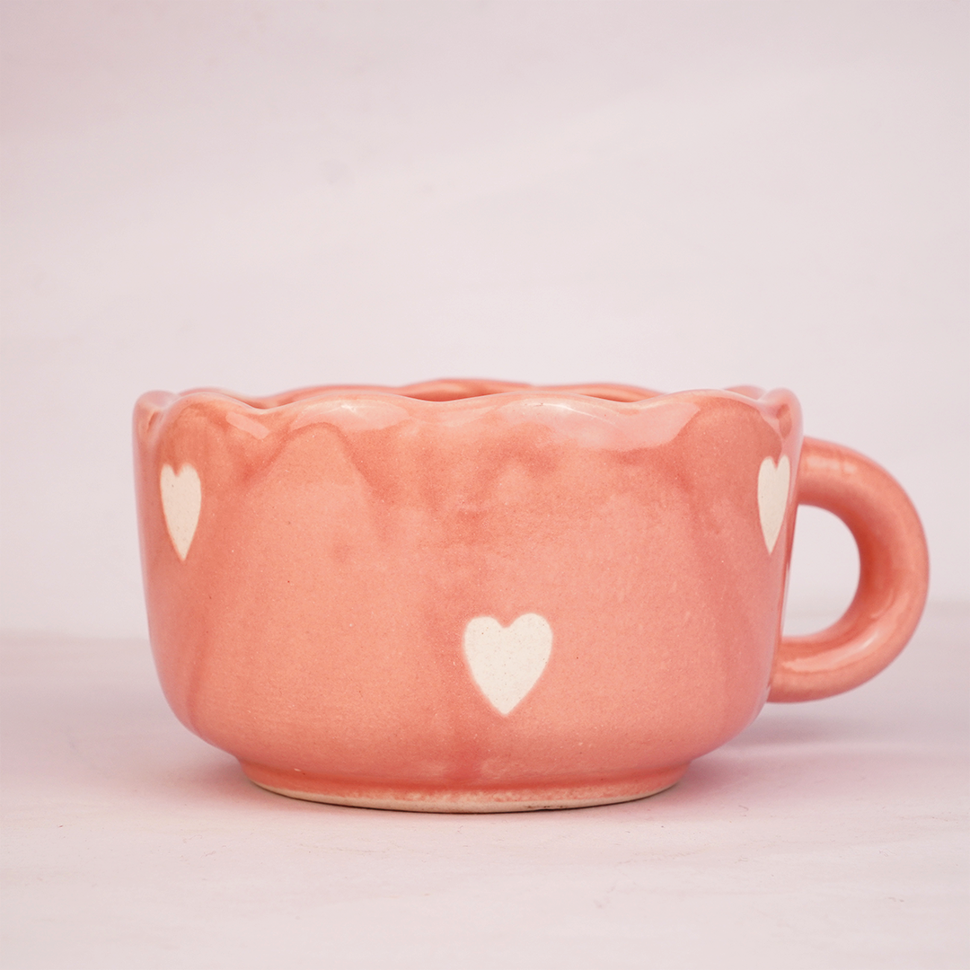 Coral Pink Ceramic Mug with White Heart Design – Cute Aesthetic Coffee Cup for Tea & Coffee