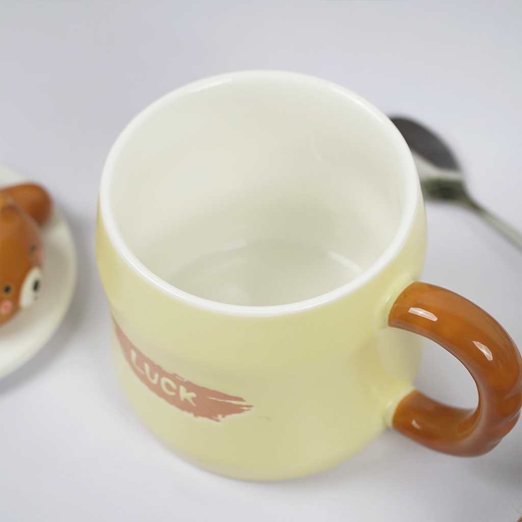 Cute Bear Ceramic Coffee Mug with Lid & Spoon | “Luck” Printed Mug | Aesthetic Tea & Coffee Cup for Home & Office | Gift Mug