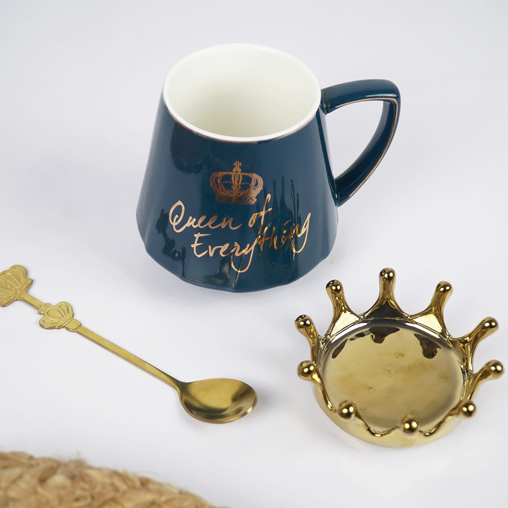 Queen of Everything Ceramic Coffee Mug with Crown Lid & Spoon | Royal Tea & Coffee Mug Set | Gift Mug for Women | (Black & Blue)