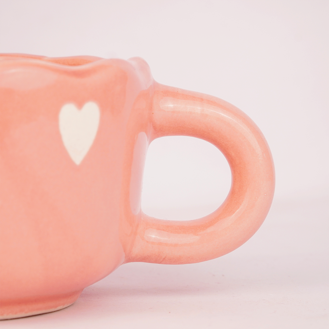 Coral Pink Ceramic Mug with White Heart Design – Cute Aesthetic Coffee Cup for Tea & Coffee