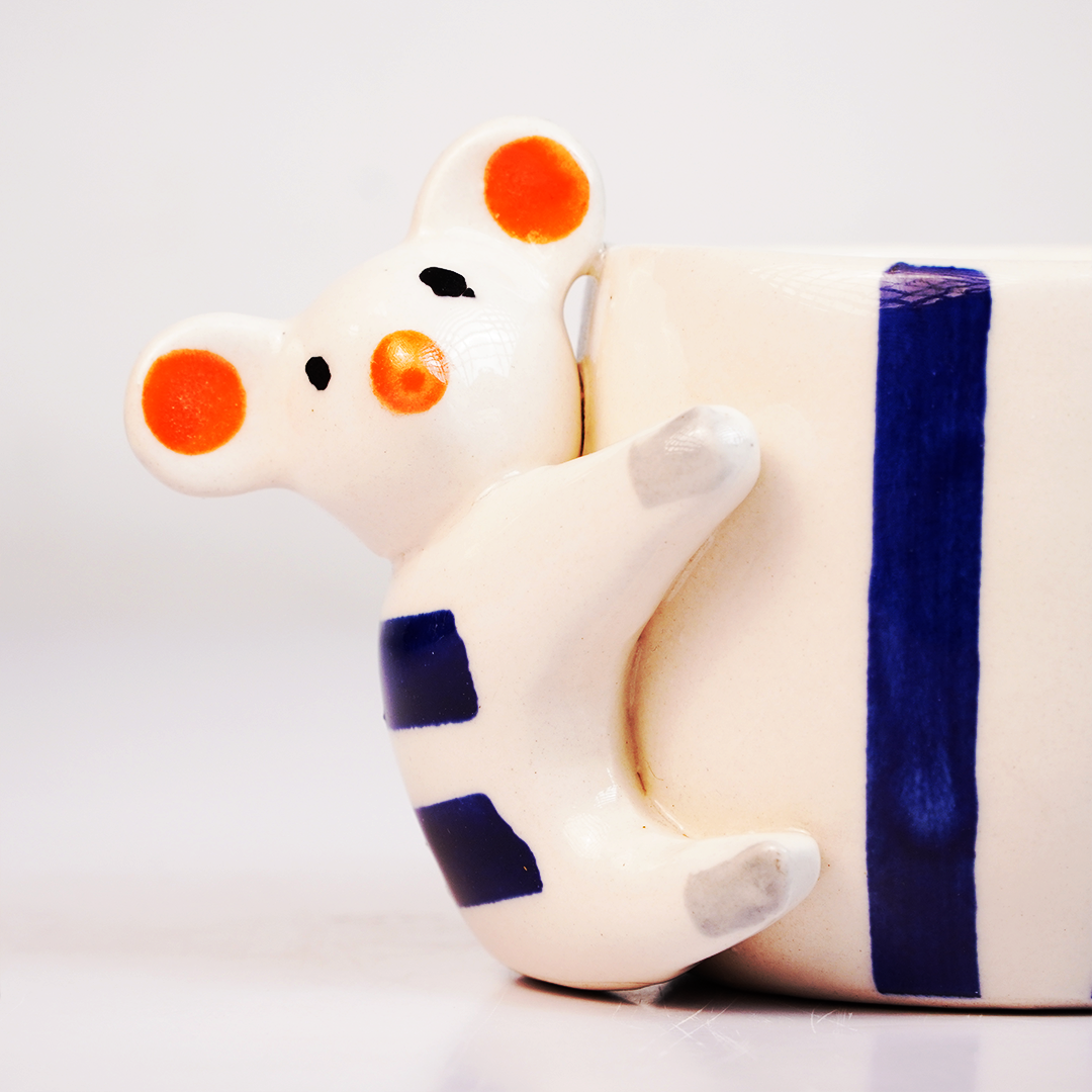 Coffee Mug with 3D Bear Design & Blue Stripe Pattern, Adorable Animal Tea Cup