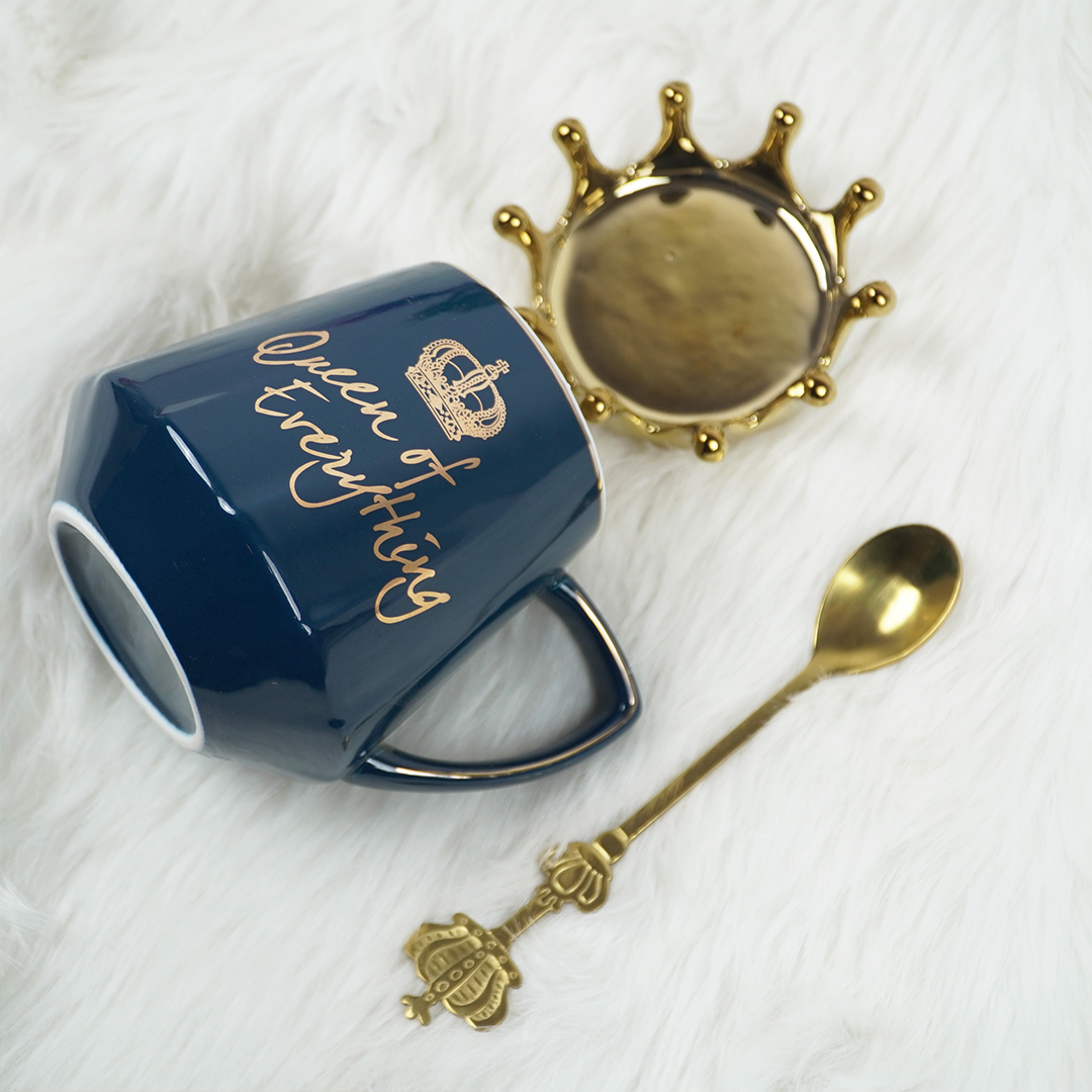 Queen of Everything Ceramic Coffee Mug with Crown Lid & Spoon | Royal Tea & Coffee Mug Set | Gift Mug for Women | (Black & Blue)