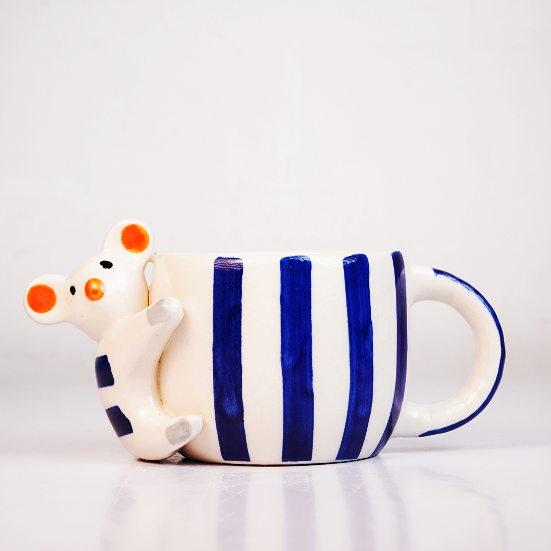 Coffee Mug with 3D Bear Design & Blue Stripe Pattern, Adorable Animal Tea Cup