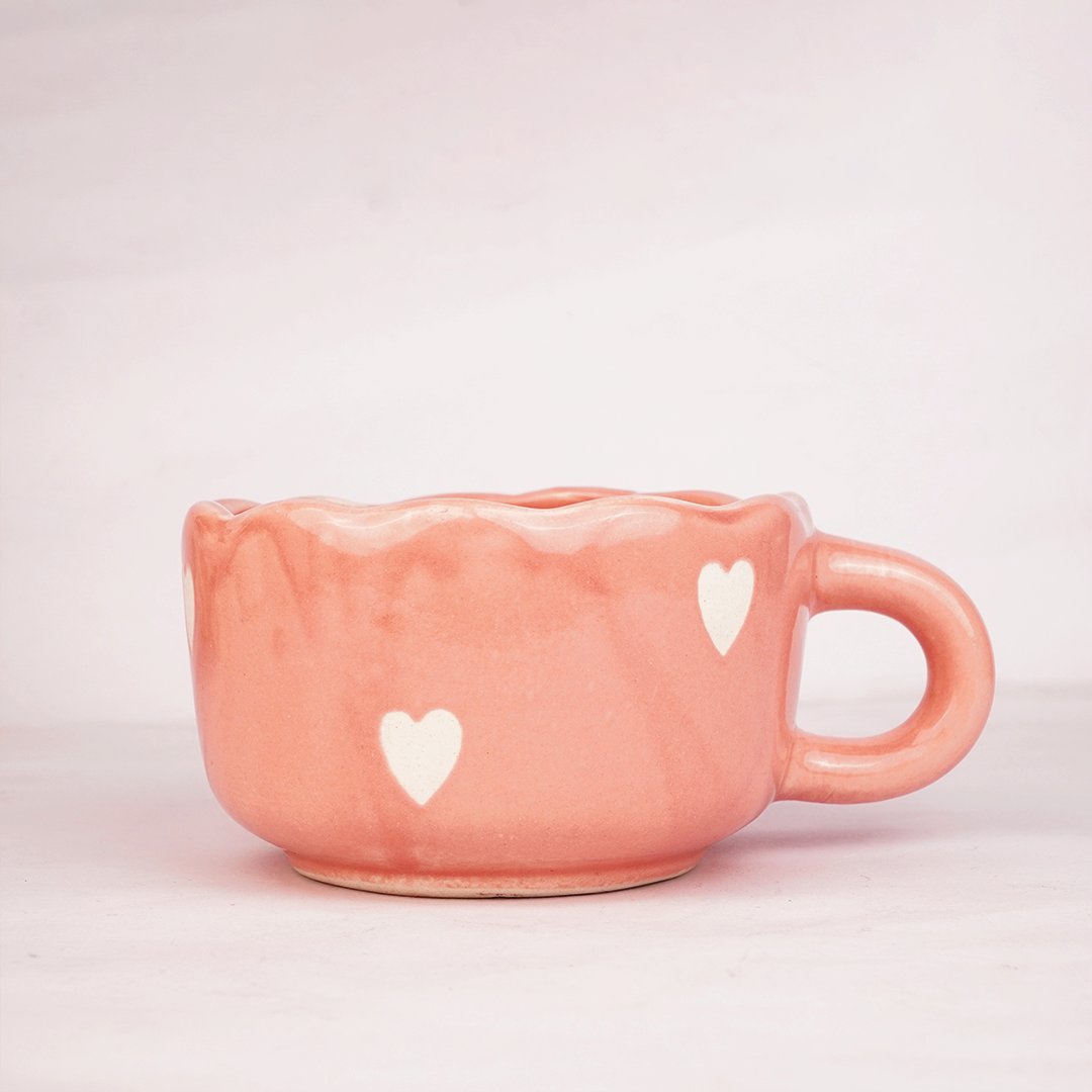 Coral Pink Ceramic Mug with White Heart Design – Cute Aesthetic Coffee Cup for Tea & Coffee