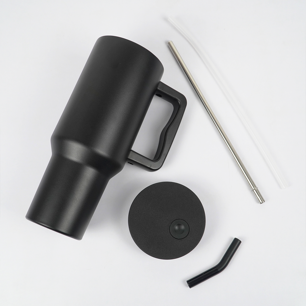Matte Black Insulated Travel Mug with Handle & Straw