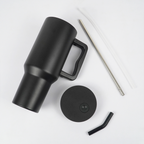 Matte Black Insulated Travel Mug with Handle & Straw