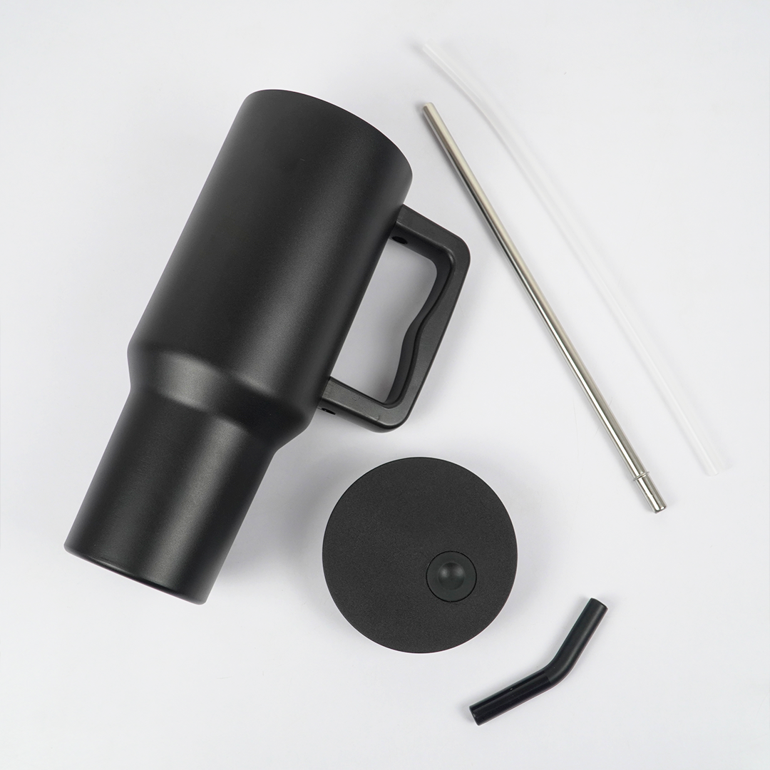Matte Black Insulated Travel Mug with Handle & Straw