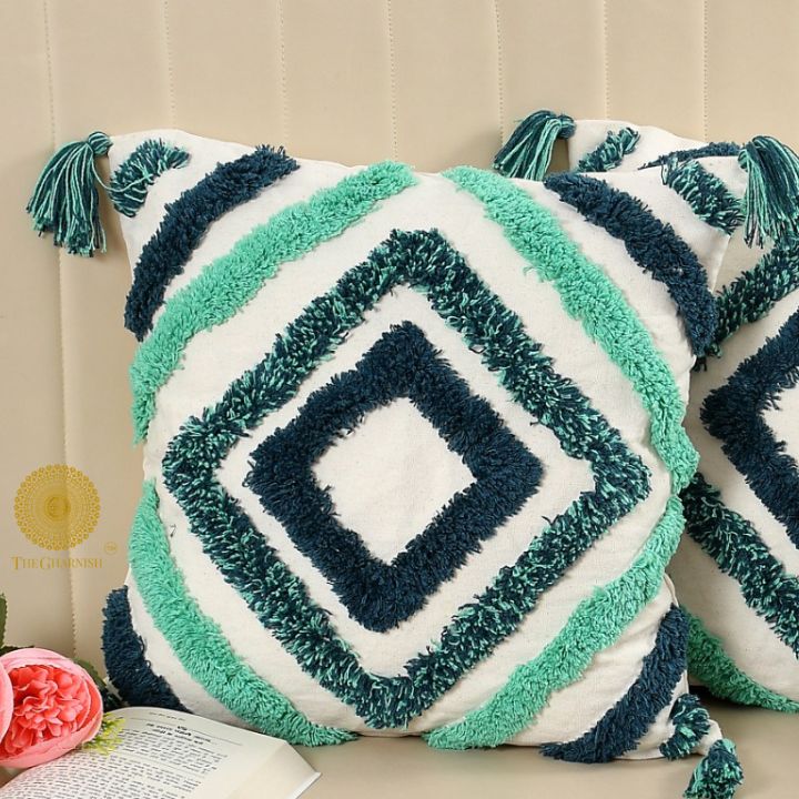 Boho Geometric Textured Cushion Cover Set – Green & Navy Diamond Tufted Decorative Throw Pillows Cover Set with Tassels for Sofa, Living Room & Bedroom (Pack of 2)