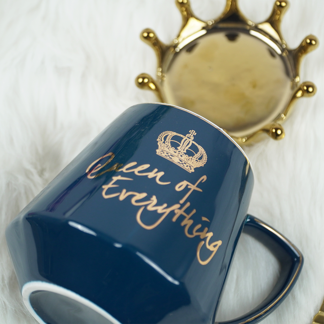 Queen of Everything Ceramic Coffee Mug with Crown Lid & Spoon | Royal Tea & Coffee Mug Set | Gift Mug for Women | (Black & Blue)