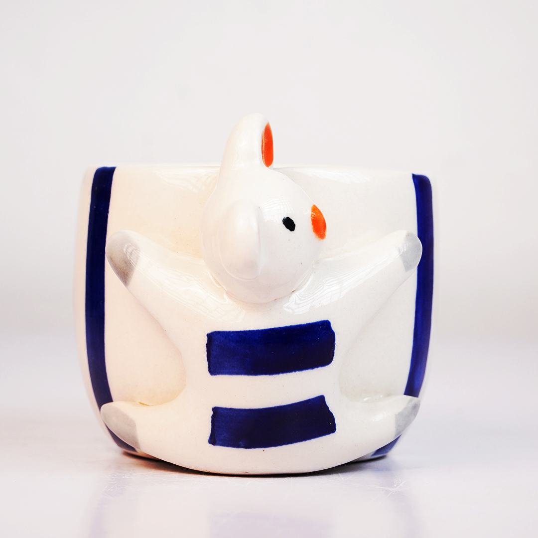 Coffee Mug with 3D Bear Design & Blue Stripe Pattern, Adorable Animal Tea Cup