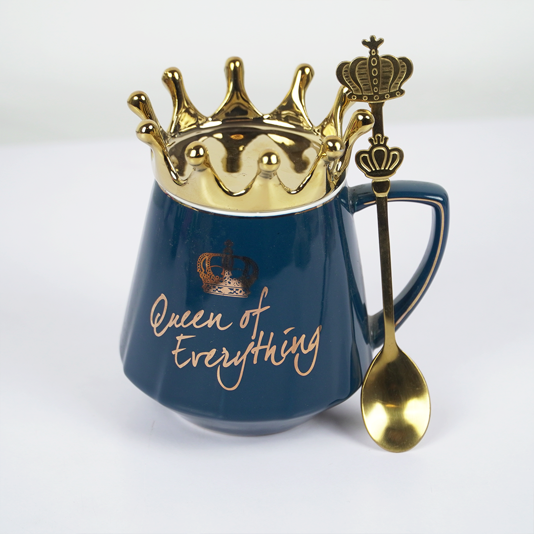 Queen of Everything Ceramic Coffee Mug with Crown Lid & Spoon | Royal Tea & Coffee Mug Set | Gift Mug for Women | (Black & Blue)