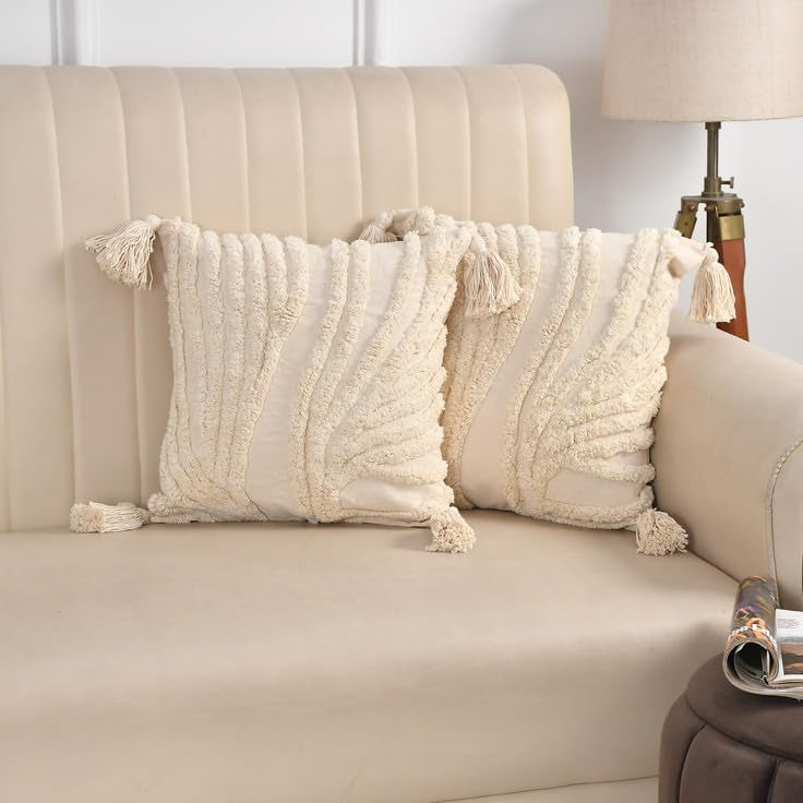 Cream Boho Textured Tassel Cushion Cover Set – Tufted Decorative Throw Pillows for Sofa, Living Room & Bedroom (Pack of 2)